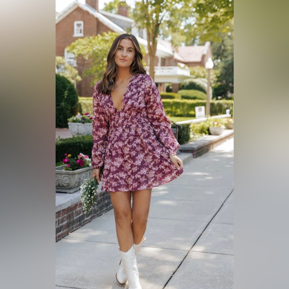 Free People Keep You Floral Print V-Neck Long Sleeve Mini Dress NWT! - Picture 5 of 7